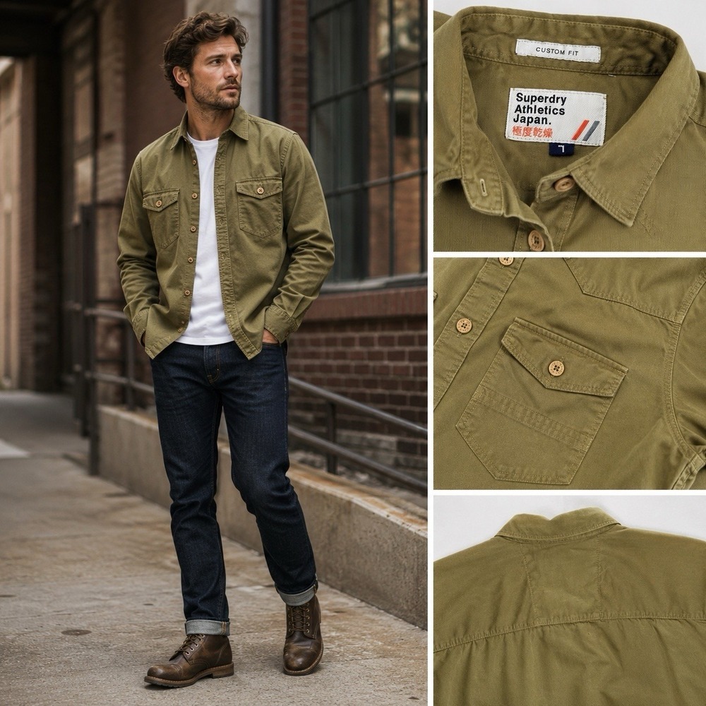 Superdry Athletics Japan Military Utility Field Shirt L Olive Custom Fit Y2k